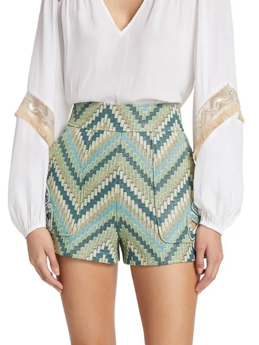 Ramy Brook Kaiya Metallic Green Chevron Embroidered High-Waist Women’s Shorts